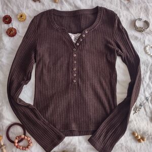Women’s Brown Ribbed Henley Long Sleeve Top